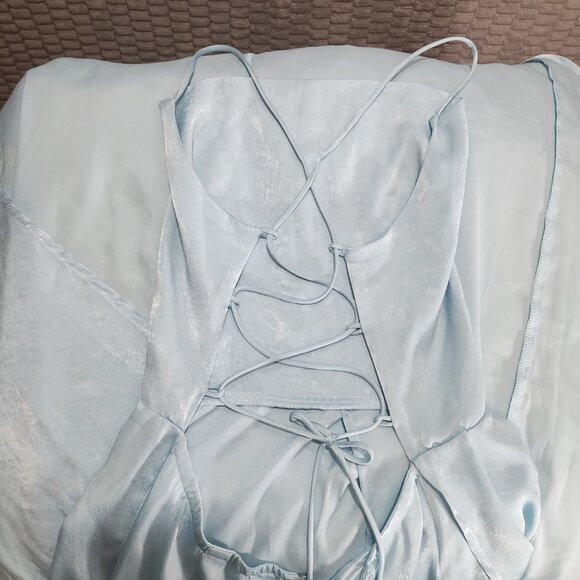 Lucy in the Sky-Blue Satin Maxi Dress with Slit-Open Back-Corset Lace Up-Sz S/M - Picture 5 of 11